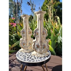 2 – 1940s Crown Stafford China Violin Vases with Rose Motif and Gold Leafing